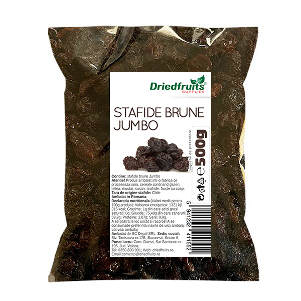 Stafide brune deshidratate Jumbo Chile Driedfruits – 500 g Dried Fruits Produse Naturale pentru Patiserii, Cofetarii & Brutarii